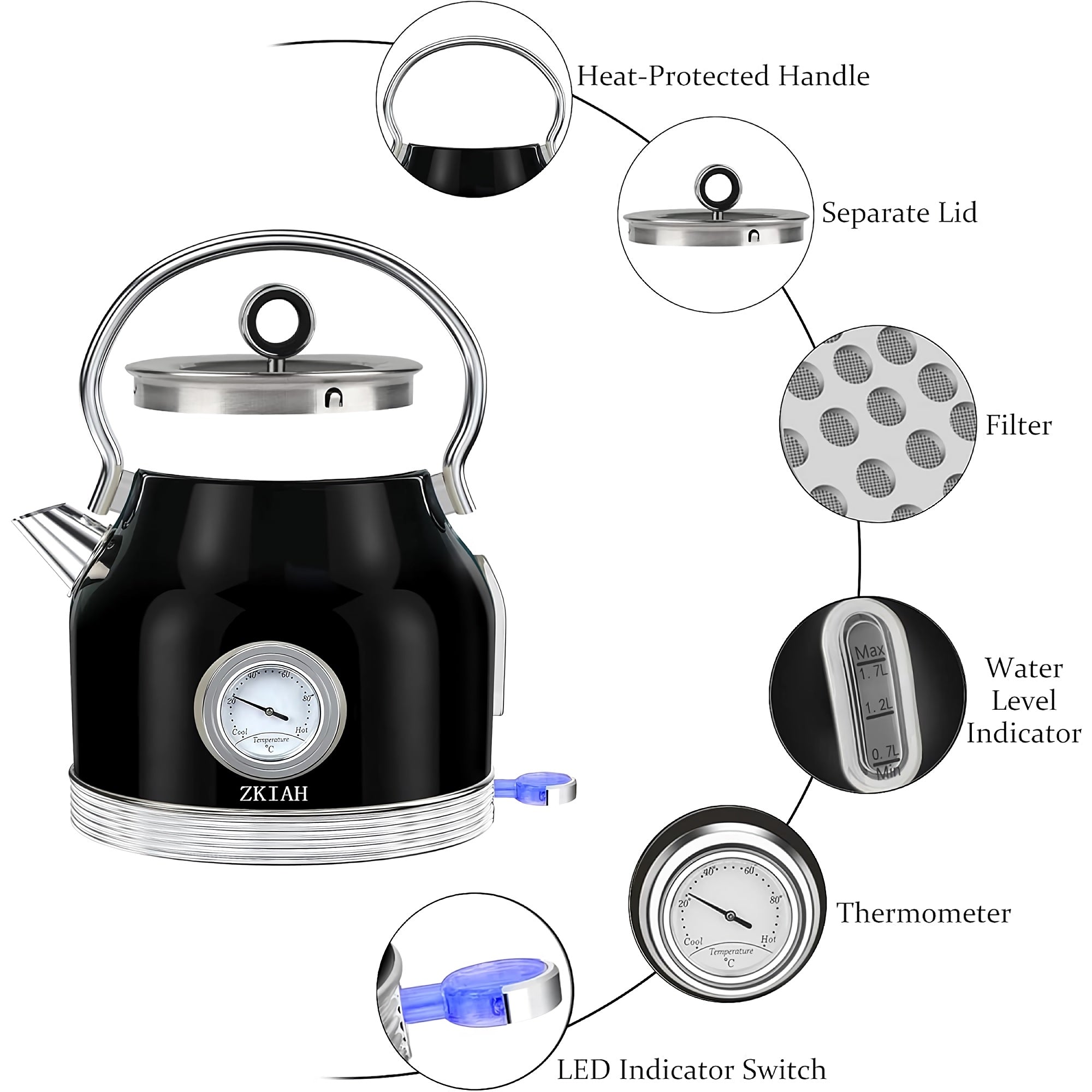 1.7L Electric Kettle with Thermometer, Retro Stainless Steel Water Tea Maker with Limescale Filter, Automatic Shut-Off (Black) - BT-K15T 1.7L Electric Kettle with Thermometer, Retro Stainless Steel Water Tea Maker with Limescale Filter, Automatic Shut-Off (Black) - BT-K15T